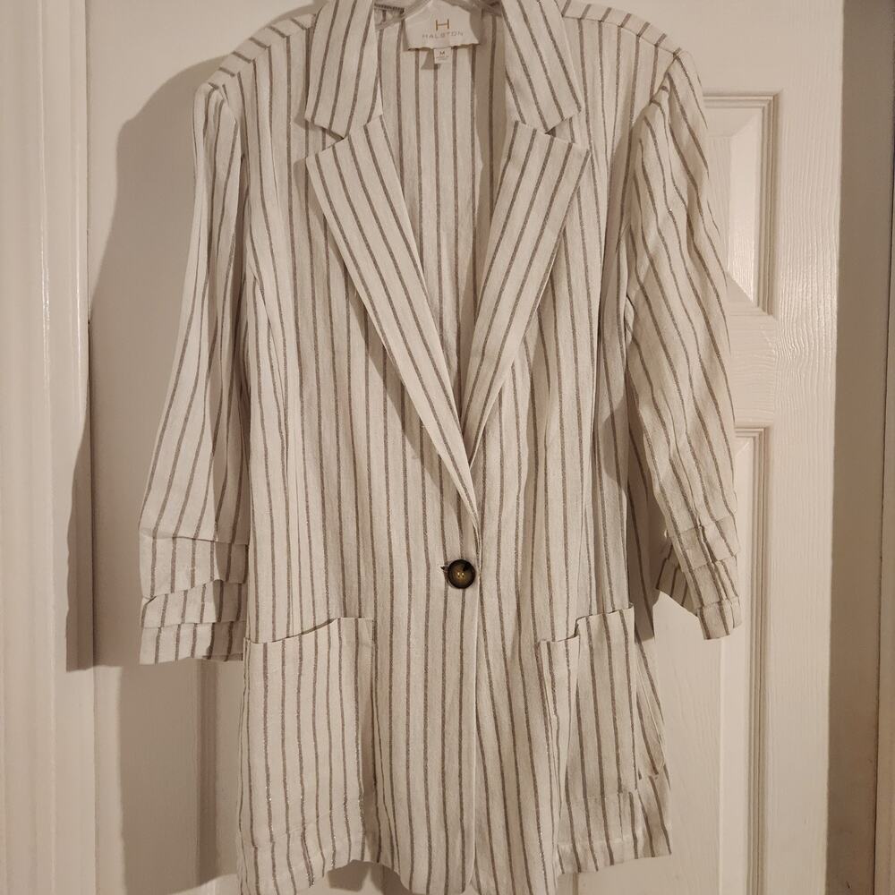 Halston Women's Blazer Lightweight White With Gold Stripes M